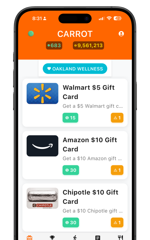 CARROT rewards redemption screen